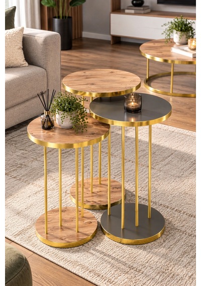 Sulorahome Antrasit Ceviz Desenli Gold Ayaklı 4'lü Yuvarlak Sehpa Seti