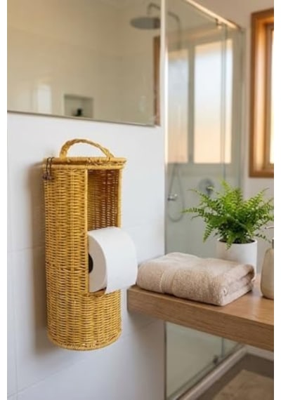 Hasır Görünümlü Plastik Rattan Tuvalet Kağıdı Standı, Askılı Kapaklı Wc Kağıtlık, Yedekli Banyo Organizer, 37x17 Cm 000 Açık Krem