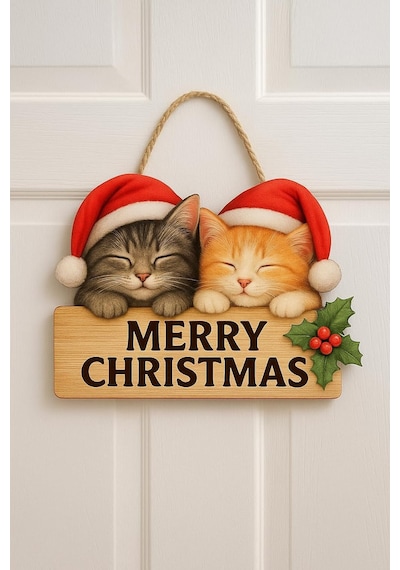 Uyuyan Kedili Yılbaşı Ahşap Kapı Süsü Noel Kapı Süsü, Yılbaşı Süsü Yılbaşı Temalı Hediyeler 30-18 Cm