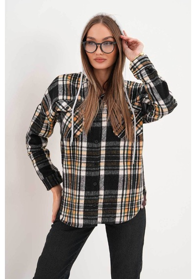 Polologin Butik Kadın Siyah Beyaz Sarı Çizgili Kapşonlu Gömlek Siyah