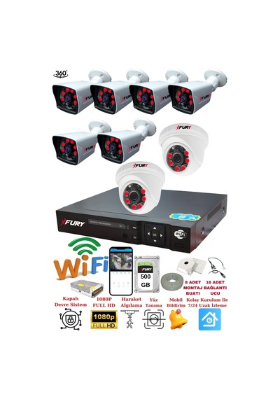 Fury 2 İç 6 Dış Kameralı 5mp Lens 2mp Görüntü Gece Görüşlü Full Hd Güvenlik Kamerası 14125525 500 Gb
