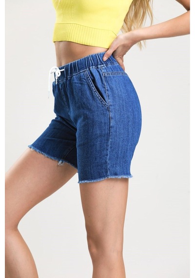 Pass&Pass 2080 Kadın Püsküllü Paça Jeans Denim Kot Şort Koyu Mavi