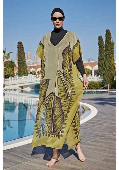 Remsa Mayo Remsa Tesettür Mayo Üzerine Tasarım Tek Kaftan Pareo Rdp001 Dev Yapraklar Yeşil