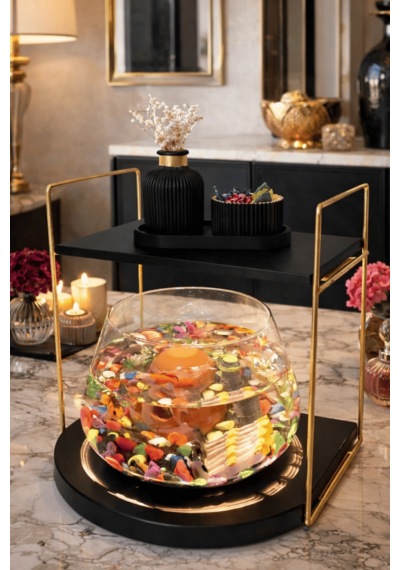 Reyo Ok-ay Store Düz Raflı Işıklı Lüks Cam Fanus İçinde Beta Balığı İçin Özel Tasarım Masa Üstü Dekoratif Akvaryum Gold-siyah
