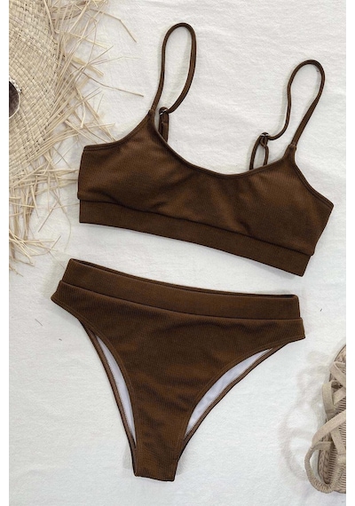 Angelsin Yüksek Bel Fitilli Kumaş Tankini Bikini Üstü Kahverengi