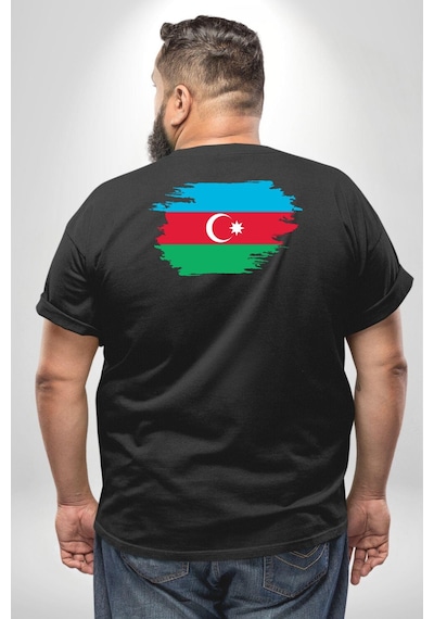 Angemiel Azerbeycan Bayrağı Büyük Beden Siyah Tişört Kadın Erkek Ünisex Sırt Baskılı Siyah