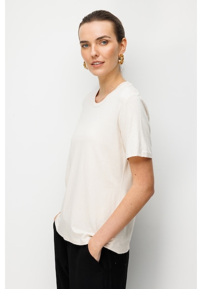 Kadın Sıfır Yaka Flamlı Kumaş Penye Tshirt Bej Bej