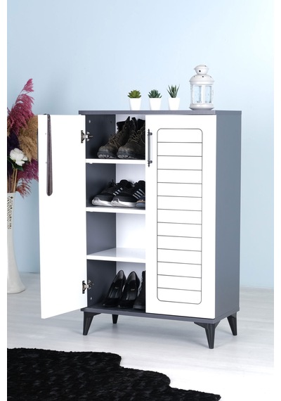 Luna 2 Kapaklı 4 Bölmeli Modern Ayakkabılık - Beyaz / Antrasit