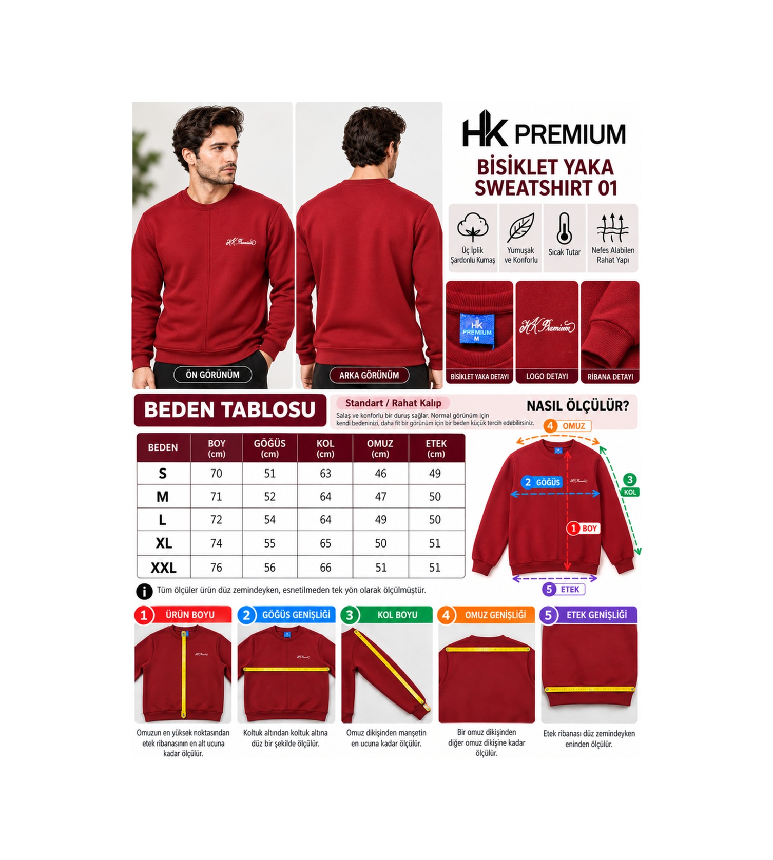 Hk Premium Sweatshirt Bisiklet Yaka Hk Premium Logolu Erkek Basic Kırmızı