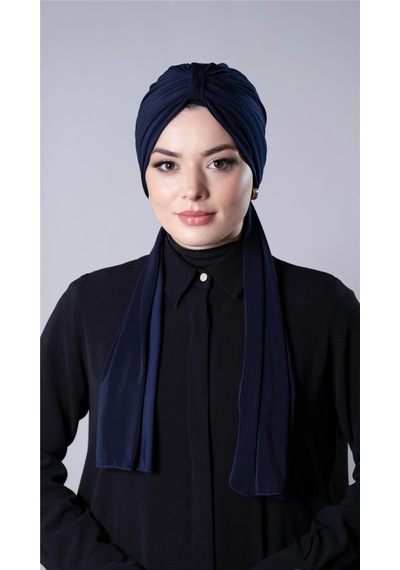 Hürrem Bone Lacivert Pratik Hazır Geçmeli Tesettür Bone Sandy Kumaş Atkılı 2204 02 Lacivert