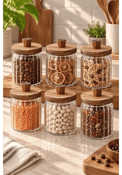 Atbyhome 6'lı Akasya Ahşap Kapaklı Çizgili Cam Kavanoz 450 Ml - Vakumlu Baharat Ve Erzak Seti Ahşap - Şeffaf