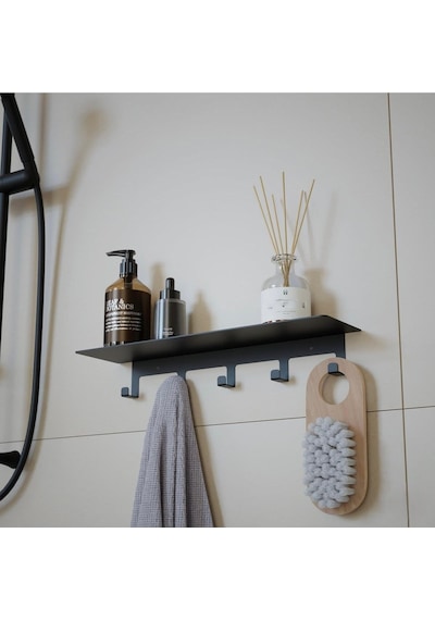 Yapışkanlı Metal Banyo Rafı 5 Kancalı Duvar Rafı Organizer Dekoratif Raf Siyah Paslanmaz Duvar Rafı Havluluk Ask Diğer