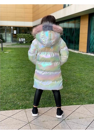 Quzucuk Kids 3 Çınar Kız Çocuk Petrol Beyaz Uzun Şişme Mont Bej