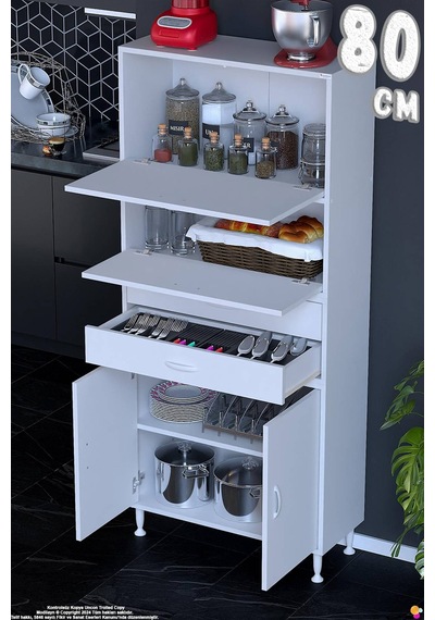 Nexa 80 Cm 2 Çekmece 4 Kapaklı Çok Amaçlı Mutfak, Bakliyat Ve Kahve Köşesi Banyo Dolabı 80x181x32 Cm Beyaz