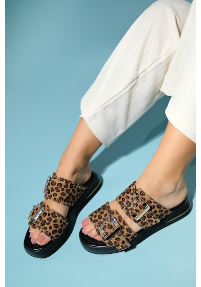 Luvishoes Zley Siyah Sarı Desenli Şeffaf Tokalı Kadın Terlik Siyah - Sarı
