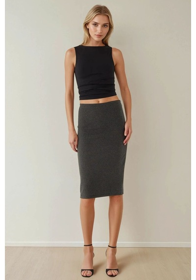 Hiccup Yüksek Bel Bodycon Midi Örme Etek Kömür Grisi
