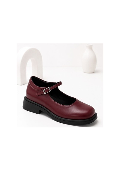 Dabab Shoes Berlın Kadın Bordo Cilt Mary Jane Yuvarlak Burun 2 Cm Kalın Taban Tokalı Babet Loafer Ayakkabı
