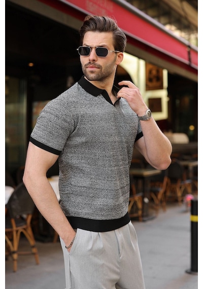 Madmext Siyah Polo Yaka Regular Fit Erkek Triko Tişört E7496
