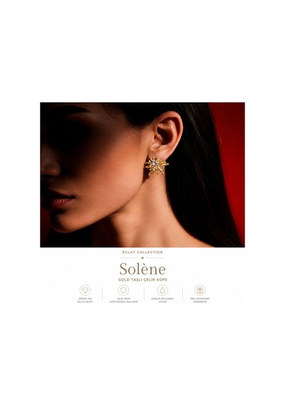 Éclat Collection Solene Gold Zirkon Taşlı Çiçek Formlu Çelik Küpe Altın Altın