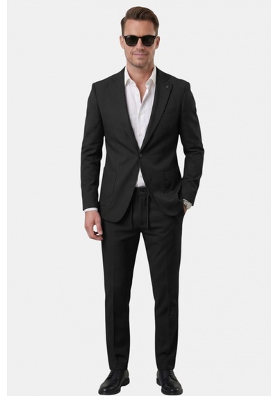 Deep Sea Deepsea Siyah Premium Çizgi Dokulu Slim Fit Likralı 2 Li Erkek Takım Elbise 2600821