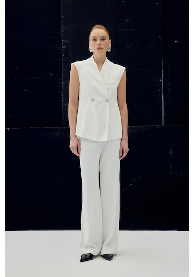 Sateen Anna Çizgili Pantolon - Ekru-137092 Ekru