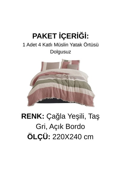 Liora 4 Kat Müslin Çift Kişilik Yatak Örtüsü %100 Pamuk Çizgili Püsküllü 220x240 Cm Çok Renkli