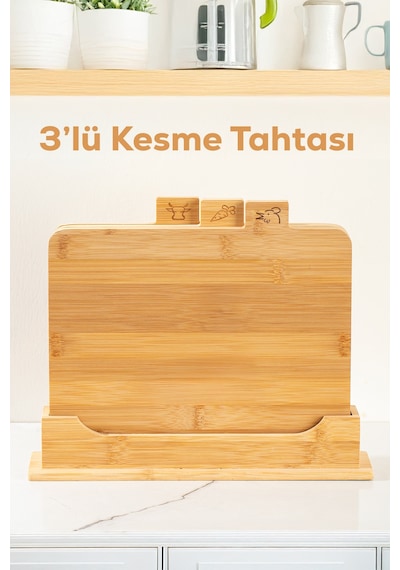 Porsima 16668 Piero Bambu 3'lü Standlı Kesme Tahtası Kesim Panosu