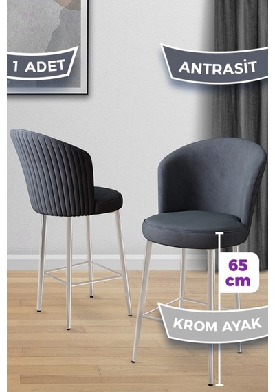 Canisa Alte Serisi 1 Adet Babyface Kumaş 65 Cm Krom Kaplama Ayaklı Antrasit Bar Sandalyesi Antrasit Sandalye Krom Kaplama Ayak