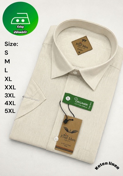 Beyome Erkek Keten Görünümlü Kısa Kollu Gömlek Rahat Kalıp Yazlık Nefes Alan Kumaş S-5xl Bej