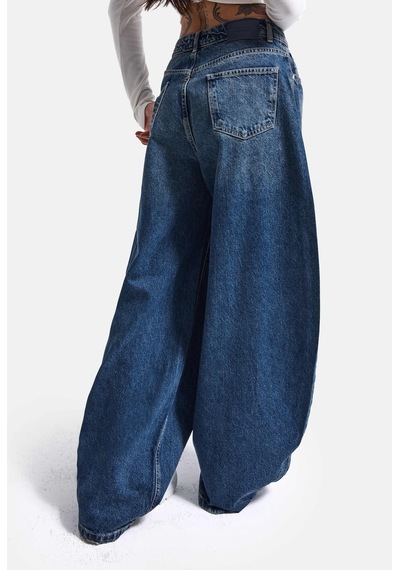 Kadın 2w6-5 Baggy Balloon Nakış Özel Tasarım Denim Jean Mavi