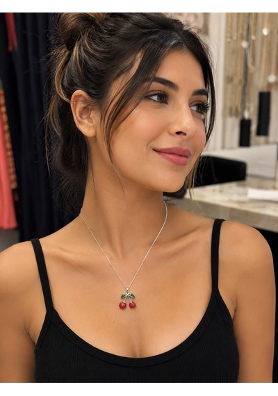 Kristal Görünüm Kiraz Kolye Gümüş