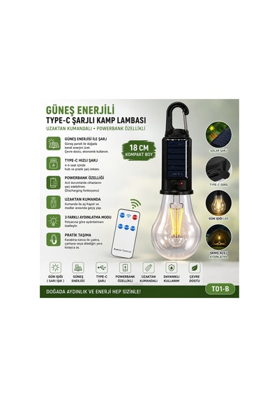 Güneş Enerjili Type-c Şarjlı Kamp Çadır Lambası Uzaktan Kumandalı Powerbank Özellikli 18 Cm Gün Işığı Turuncu - Gri