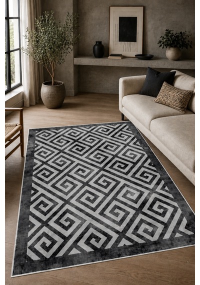 Gri Geometrik Desen Baskılı Yıkanabilir Kaymaz Taban Salon Oturma Odası Antre Halısı Yolluk
