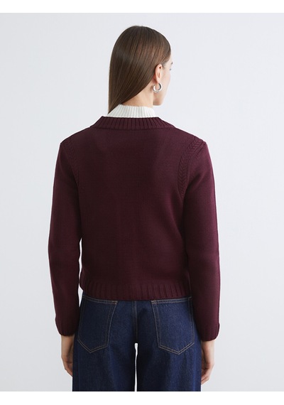 Lcw Comfort Bordo V Yaka Kendinden Desenli Kadın Triko Hırka