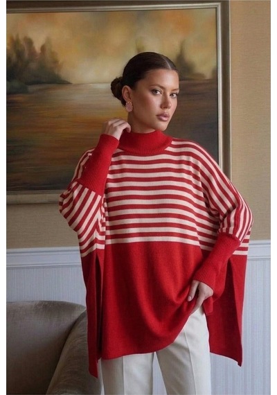 Onno Style Women Çizgili Standart Beden Triko Kadın Panço Kırmızı