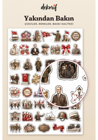 Atatürk Sticker Seti 100 Adet - 29 Ekim Cumhuriyet Bayramı Türk Bayrağı Vintage Ajanda Çıkartma Çok Renkli