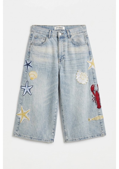 Itsbasic Kadın Kot Rengi 4s6-32 Palazzo Nakış Tasarım Bermuda Denim Jort