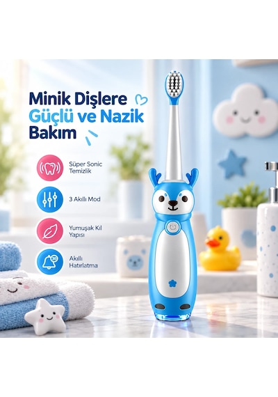 Venandın Pofidik Sevimli Geyik Tasarımlı Çocuk Sonic Elektrikli Diş Fırçası Usb Şarjlı - Yumuşak Kıl