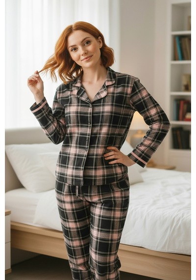 Süet Gömlek Pijama Takımı 7105 Ekoseli Antrasit Antrasit