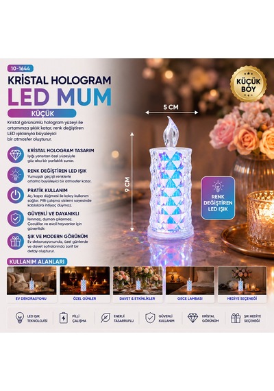 Lunaev 12 Adet Led Candle Kamp Küçük Boy - Çap:5 Cm - Y: 9 Cm Pilli Led Mum Mika Kristal Plastik Yak .