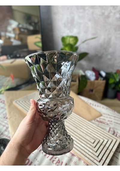 Diamond Desenli Kristal Cam Vazo - 28x15 Cm Hediyelik Lüx Vazo Modern & Lüks Dekoratif Büyük Boy Vazo Şeffaf