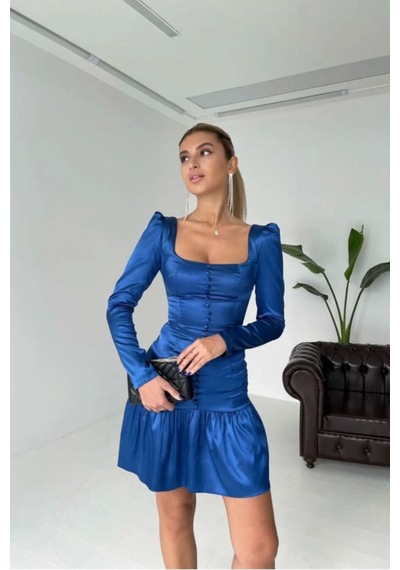 Munora Butik Önü Düğmeli Saten Mavi Elbise Mavi Mavi