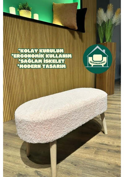 Paris Retro Ahşap Ayaklı Geniş Oturum Alanlı Oval Bench Puf Pembe