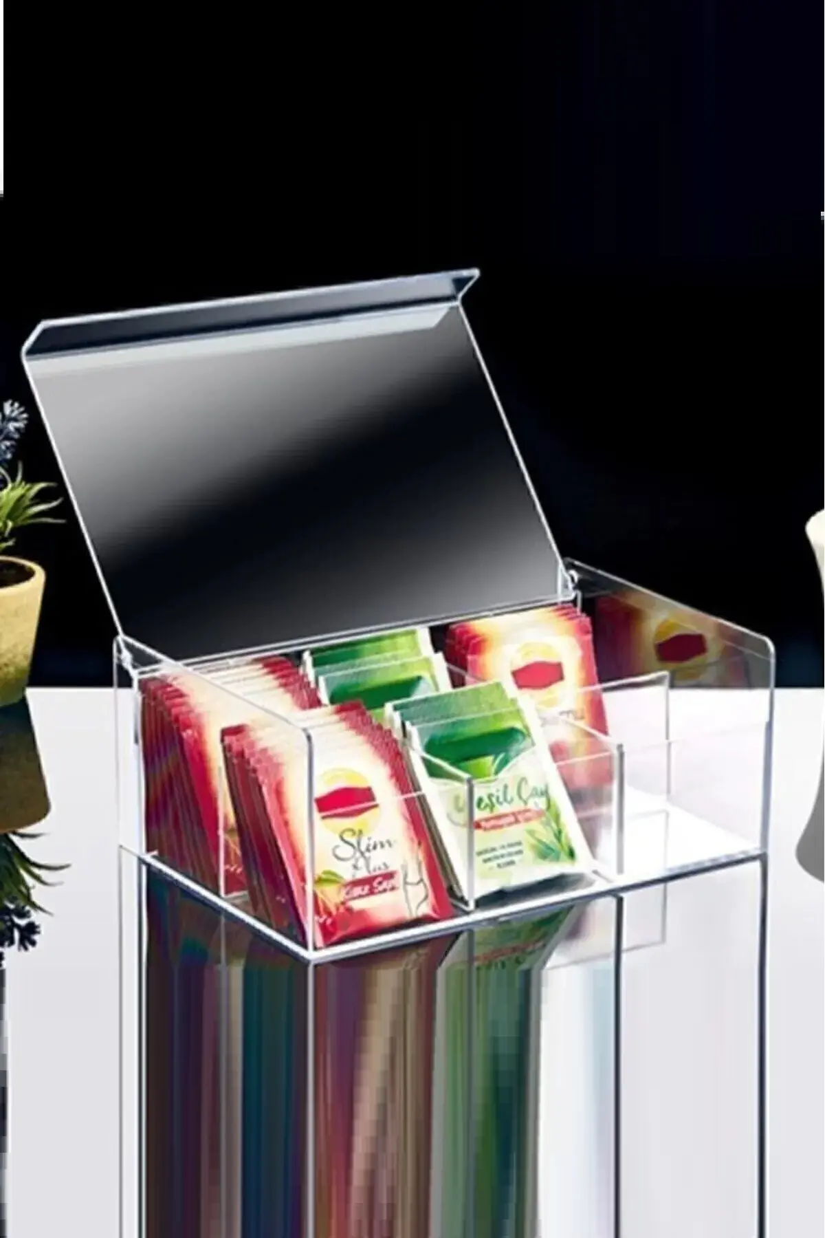 Box Up Plastik 6 Bölmeli Poşet Çay Saklama Kutusu - Poşet Çay Kutusu, Bitki Çay Kutusu, Şeffaf Renk, 1 Adet
