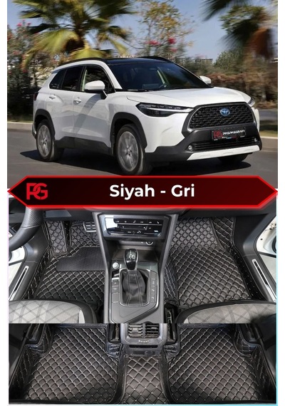 Toyota Corolla Cross Hybrid Siyah Üzeri Gri Dikiş 8d Diamond Premium Kaymaz Deri Oto Paspas