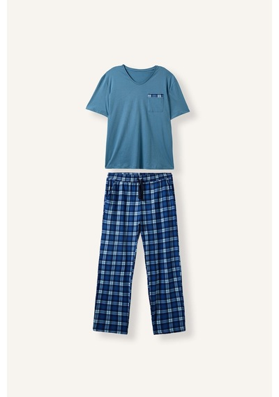 Defacto New Regular Fıt Kısa Kollu Üst Ekose Alt 2li Pijama Takımı H7441ax26aube485 Mavi-be485