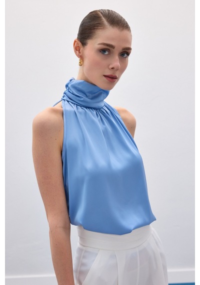 Sateen Boğazlı Kolsuz Bluz - Mavi-136545 Mavi