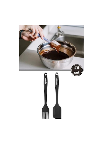 Silicolife Spatula Ve Fırça Seti, Isıya Dayanıklı Yanmaz Yapışmaz Silikon Spatula Ve Yumurta Fırçası 2 Li Set Siyah