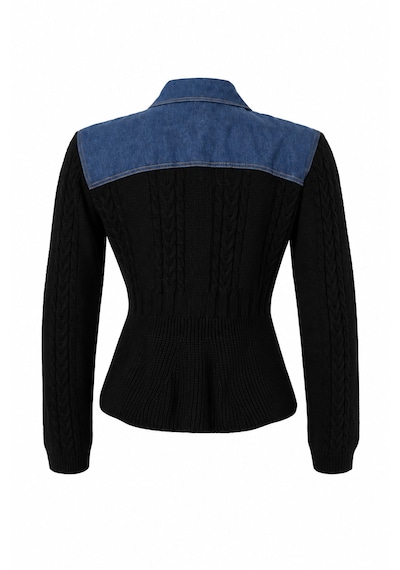 Maison Velora Kadın Siyah Mavi Denim Gömlek Yaka Brackenford Saç Örgü Desenli Düğmeli Belden Oturtmalı Triko Hırka-27aj034