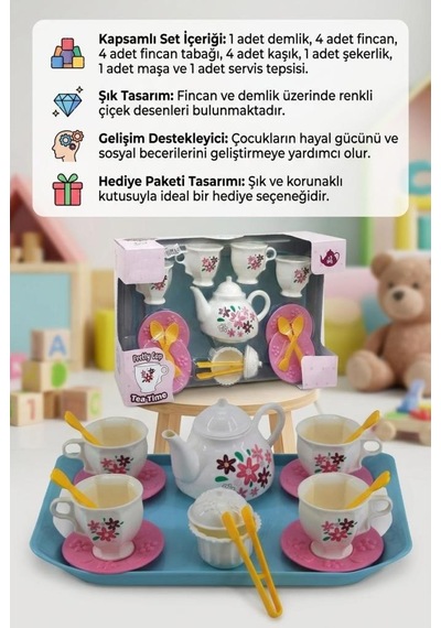 Çay Vakti Fincan Setim 17 Parçalı Çiçek Desenli 4 Fincalı Ve Çaydanlıklı Evcilik Oyun Seti 1